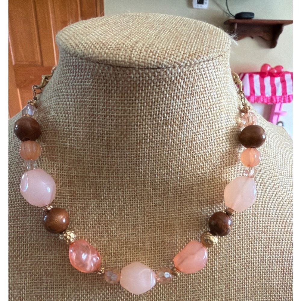 Boho Chunky Peach Pink Resin and Wood Bead Gold Tone Statement Necklace